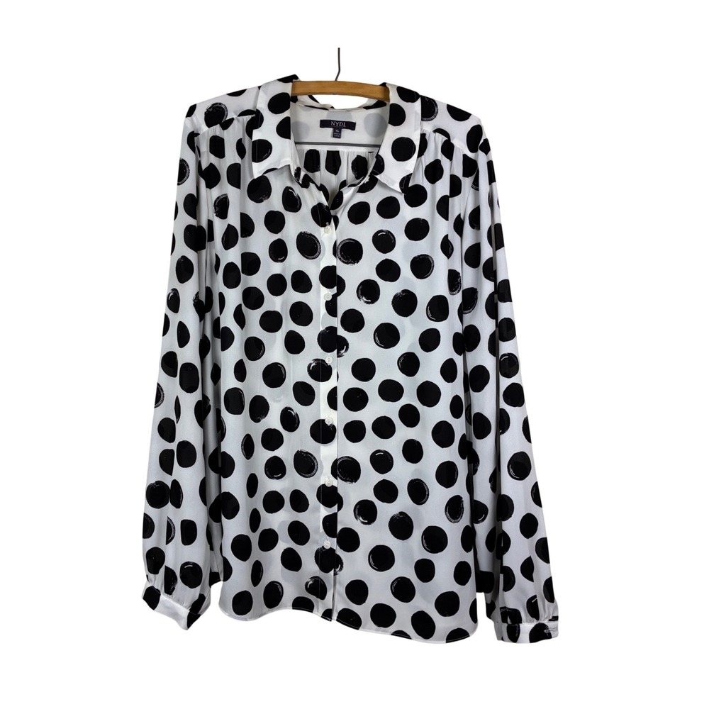 NYDJ Blouse XL Polka Dot Top Black White Long sleeve button up Career Chic